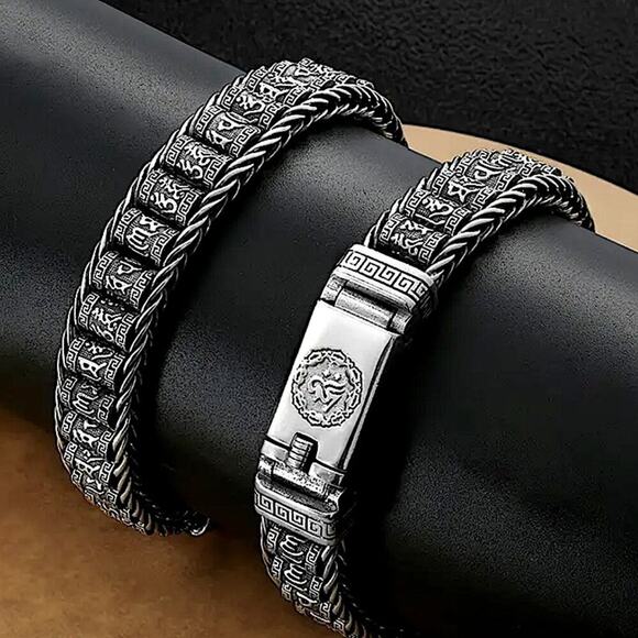 Stainless Steel Chain Link Bracelet, Mantra, Curb Hand Woven Engraved - Picture 2 of 5